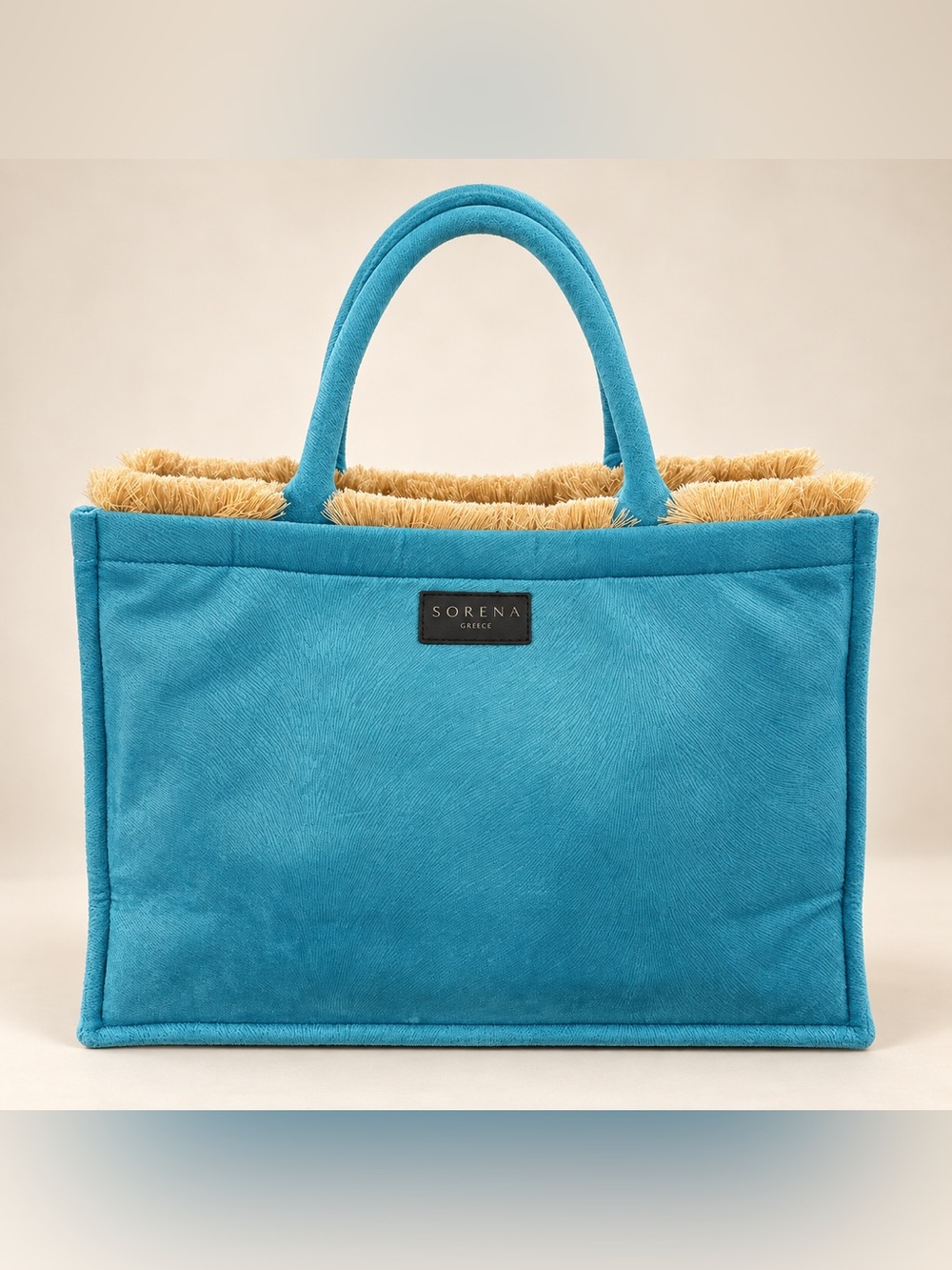 Sorena Greece Turquoise Fringe Tote Bag Greek Key Red Interior